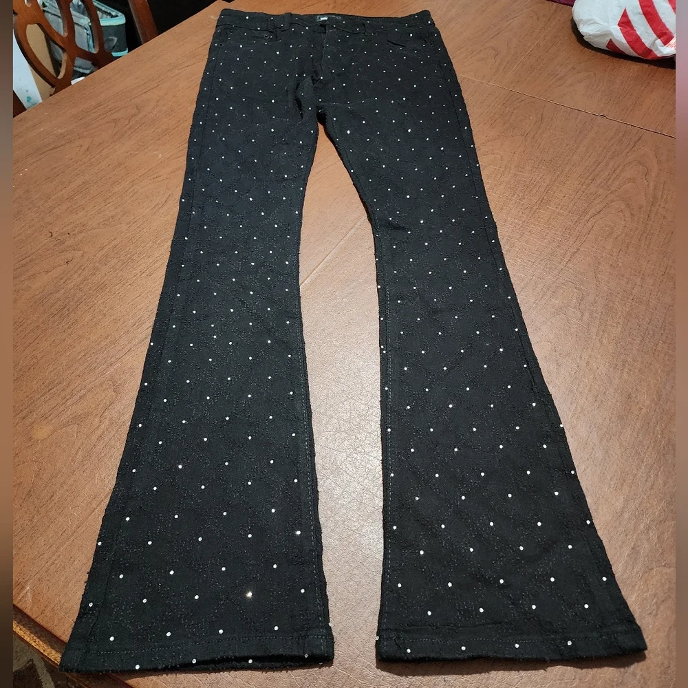 Fashion Nova Mens I Be Jeweled Stacked Flare Black Jeans Pants - Picture 1 of 9